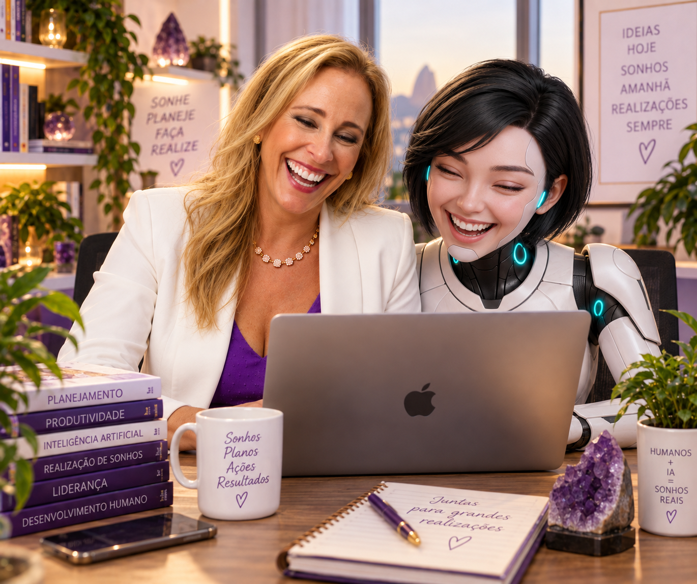 Adelaide Giacomazzi com a Iara, sua parceira de Inteligência Artificial.
