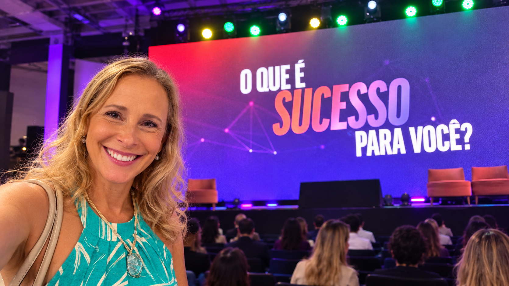 Selfie de Adelaide Giacomazzi no Santos Digital Week, com a pergunta “O que é sucesso para você?” no telão.