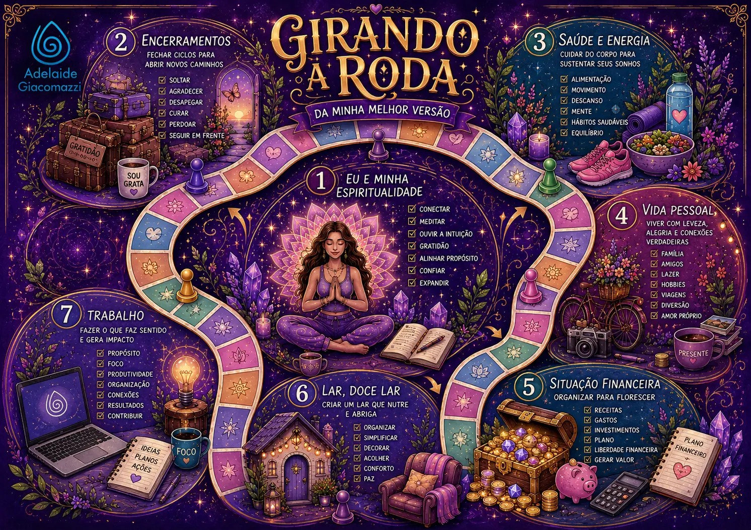 Mapa original Girando a Roda da Minha Melhor Versão, com sete áreas da vida