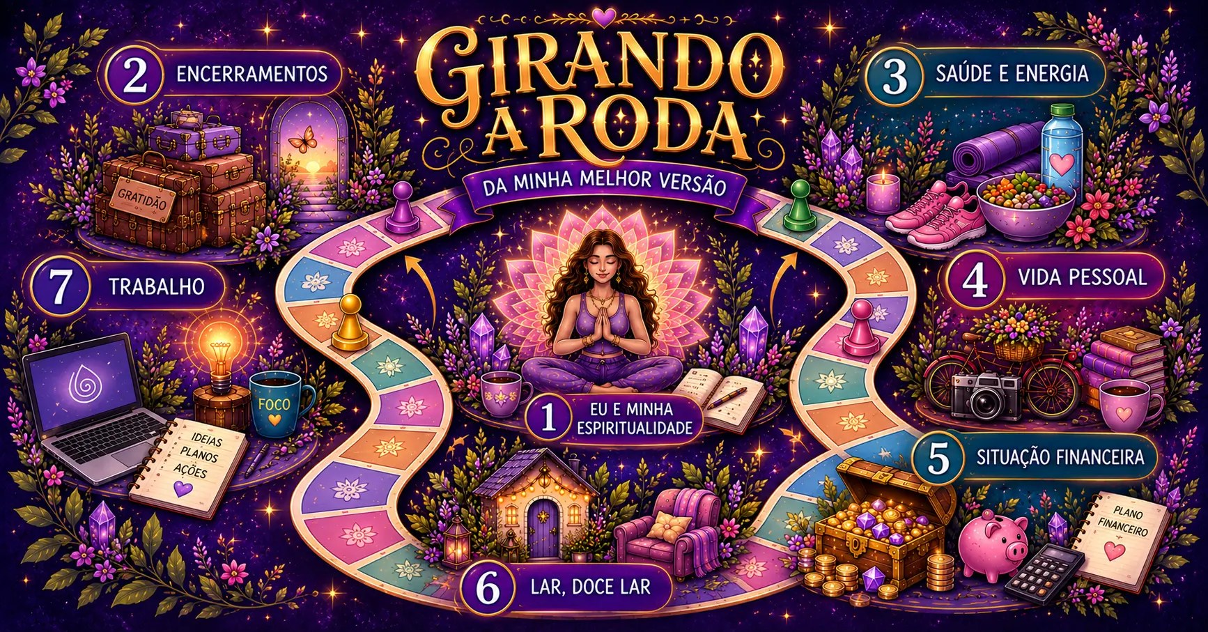 Ilustração Girando a Roda da Minha Melhor Versão, com sete casas